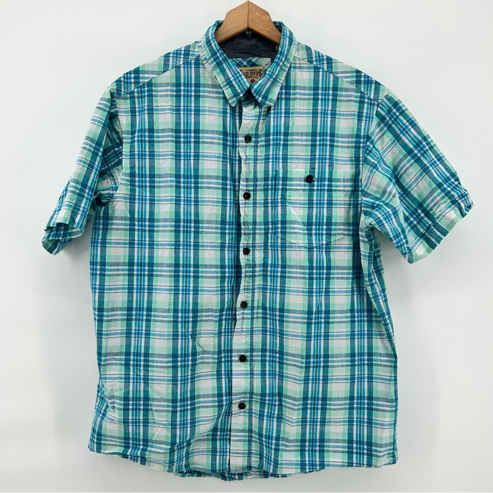 RedHead Brand Co Mens Large Plaid Short‎ Sleeve Button Up Shirt Blue Fishing
